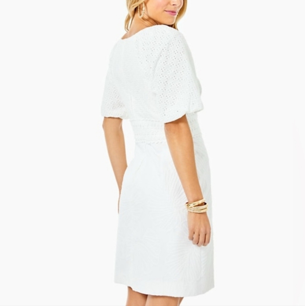 LILLY PULITZER Jazlyn Puff Sleeve Eyelet Jacquard Dress in Resort White XS 0 - Picture 5 of 9